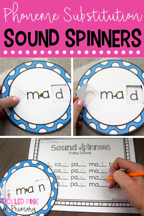 Brittany created a set of spinners that work on substituting the beginning, middle, and ending sounds of words. Students simply spin the wheel to show a new sound. They read the word, then lift the flap to see if the picture matches the word they read. Next, students will spin a new sound to make a new word. Phoneme Substitution Activities, Phonemes Activities, Phoneme Substitution, Ending Sounds, Emergent Literacy, Phonological Awareness Activities, Middle Sounds, Phonemic Awareness Activities, Literacy Stations