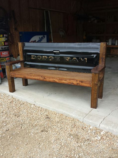 Dodge Ram tailgate bench Tailgate Bench Diy, Truck Tailgate Bench, Pallet Floors, Tailgate Bench, Tailgate Table, Bon Fire, Car Parts Decor, Headboard Benches, Vintage Chevrolet