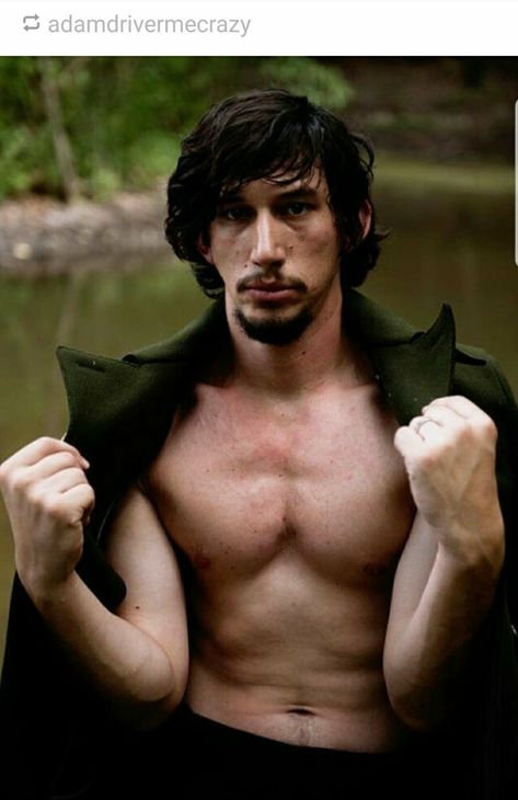 Shirtless Adam Driver im a river with his coat hung over his shoulders. Italian Vogue Adam Diver, Adam Driver Tumblr, Friendship Over, Vogue Photoshoot, Knights Of Ren, Kylo Ren Adam Driver, Luke Evans, Adam Driver, Kylo Ren