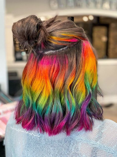 Brown Hair With Rainbow Underneath, Rainbow Dyed Hair Underneath, Black And Rainbow Hair, Peekaboo Rainbow Hair, Prismatic Hair, Rainbow Peekaboo Hair, Rainbow Hair Underneath, Rainbow Underneath Hair, Short Rainbow Hair