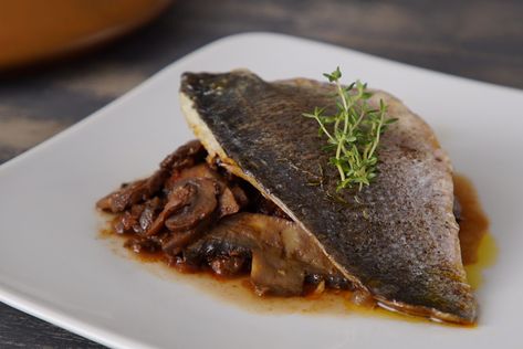 Sea Bass with Mushrooms and Xinomavro Red Wine My Greek Table, Bass Recipes, Diane Kochilas, Longevity Recipes, Greek Kitchen, Sea Bass Recipes, Ham Casserole, Meatless Monday Recipes, Greek Cooking