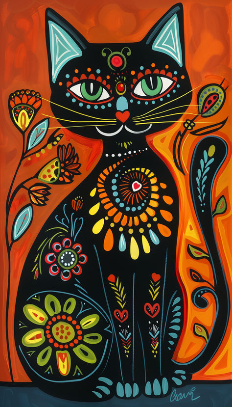 Meowsterpiece Naive Art Style Cat Cat Acrylic Painting Ideas, Folk Art Animals Illustration, Trippy Cat Art, Cat Art Whimsical, Sugar Skull Art Drawing, Modern Cat Art, Trippy Cat, Cat Art Painting, Folk Art Cat