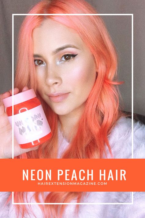 Unicorn Hair Neon Peach, Neon Peach Hair, Peach Colored Hair, Coral Hair Color, Peachy Pink Hair, Peach Hair Dye, Pink Peach Hair, Orange Aesthetics, Blorange Hair