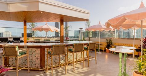 A Wrap-Around Rooftop Bar Brings a Tropical Escape to the Heart of the Gaslamp - Eater San Diego Gaslamp San Diego, English Modern, Poolside Lounge, Ac Hotel, Best Rooftop Bars, Rooftop Bars, Rooftop Wedding, Tropical Escape, Skyline View