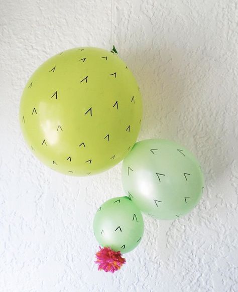 Cactus balloon- with sharpie and a Pom Cactus Balloon Diy, Cactus Birthday Party Decoration, Cowgirl Cactus Birthday Party, Cactus First Birthday Girl, Desert Nursery, Cactus Balloon, Pineapple Birthday Party, Bebe Shower, Pineapple Birthday