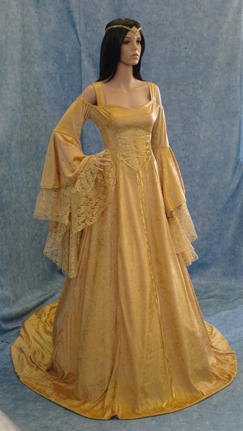 Gowns Pagan Wicca Witch:  Medieval #gown. Wedding Dress Gold, Fantasy Wedding Dress, Medieval Wedding Dress, Celtic Clothing, Elven Dress, Elf Dress, Medieval Gown, Medieval Wedding, Gold Wedding Dress