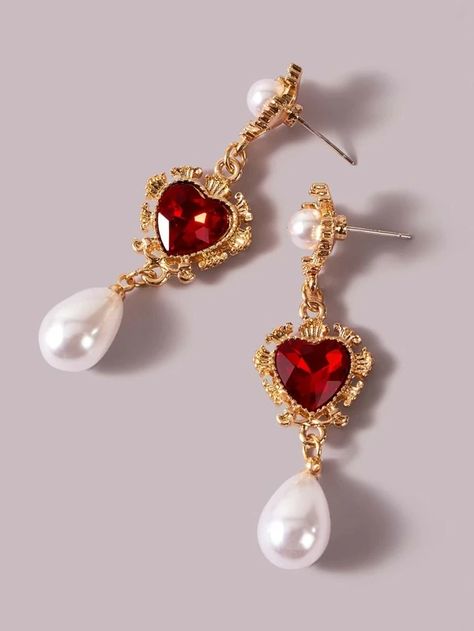 Boho Prom, Crown Earrings, Red Jewelry, Heart Drop Earrings, Professional Dresses, Baroque Fashion, Stunning Earrings, Queen Of Hearts, Pearl Drop Earrings