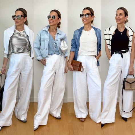 How To Style Linen Pants – Her Fashioned Life White Pants Outfit Linen, Styling Linen Pants Women, Linen Pants Styling, How To Wear White Linen Pants, Linen Wide Leg Pants For Work, Casual Summer Trousers, White Wide Leg Pants Outfit Casual, What To Wear With White Linen Pants, How To Style White Linen Pants