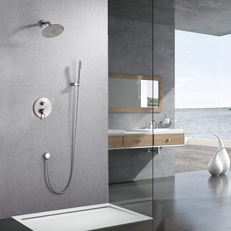 SUMERAIN Wall Mounted Rainfall Shower System Brushed Nickel Shower Faucet Set with Handheld Sprayer and Valve - Amazon.com Brushed Nickel Shower Fixtures, Black Shower Fixtures, Black Shower Faucet, Rain Shower System, Shower Fixtures, Shower Holder, Shower Faucet Sets, Rainfall Shower Head, Black Shower