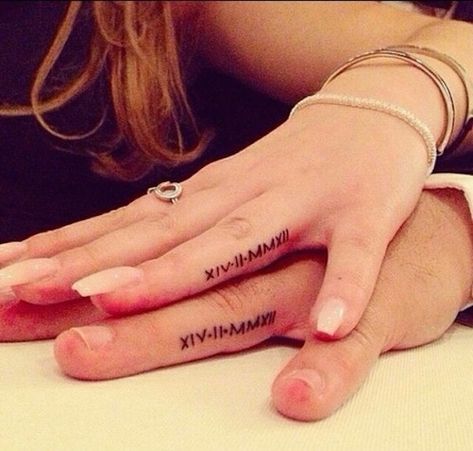 Engagement Tattoos, Wedding Date Tattoos, Bestie Board, Tattoo Couple, Roman Numeral Tattoos, Finger Tattoo For Women, Date Tattoos, Ring Finger Tattoos, Matching Couple Tattoos