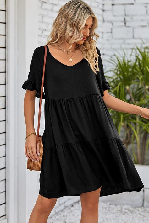 Solid Color V Neck Ruffle Hem Mini Dress – Beachsissi V Neck Black Dress, Tiered Dresses, Dress With Ruffle Sleeves, Smocked Dresses, Pleated Mini Dress, V Neck Midi Dress, Sleeves Clothing, Flounce Sleeve, Polyester Dress