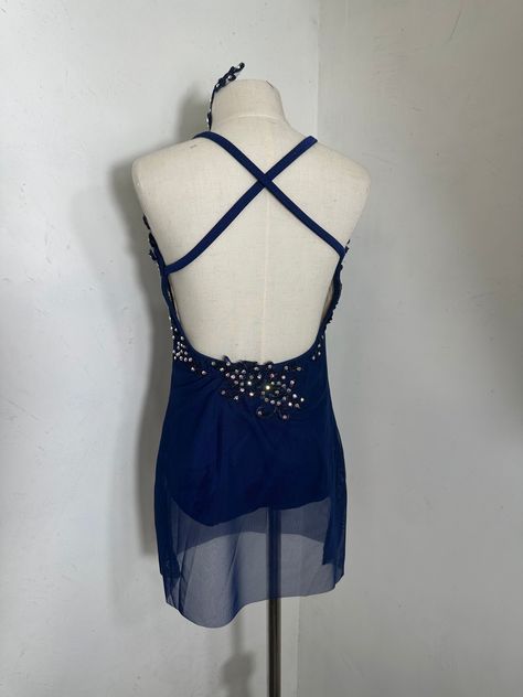 NAVY medium child appliqued dance dress with appliques and rhinestones with full lined leotard underneath. headpiece included READY TO SHIP IN SIZE Medium child CHEST 26-27 WAIST 23-24 HIP 27-29 GIRTH 46-48 *****USE CODE SPRING24 to recieve 25% OFF Please be sure to add your measurements and date needed by and any other adjustments or notes to the notes section of your order at checkout Dancing With The Stars Costumes, Lyrical Dance Costumes Solo, Dance Costumes Jazz, Dance Costume Contemporary, Dance Fits, Solo Dance Costumes, Pretty Dance Costumes, Lyrical Dresses, Blues Dance