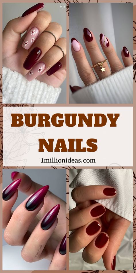 Burgundy nails are sultry, elegant, and dramatic. They can charm anyone at first sight. This rich plum red reminds us of our favorite things in life: passion, love, and fine wine! Burgundy isn’t as bright as classic red, but it’s just as appealing and striking as any other popular nail polish color. This shade is perfect for ladies with refined tastes. September Nails Burgundy, Nail Designs Maroon Burgundy, Crimson Nails Acrylic, Oxblood Nail Designs, Dark Red Fall Nails Design, Wine Nails Designs, Fall Nails Burgundy, Burgundy Matte Nails, Maroon Nail Designs