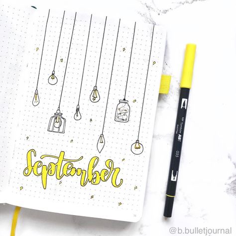 •Brooke on Instagram: "September cover page! 💡💛 my theme this month is lights (Tombow colour - 055) {the theme is inspired by - @elizabethturn @ufinicorn…" Title Bullet Journal, Bullet Journal Week, September Bullet Journal, Bullet Journal September, Bullet Journal Month, Bullet Journal Cover, Bullet Journal For Beginners, Bullet Journal Page, Bullet Journal Set Up