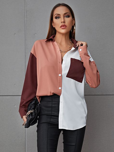 Multicolor Casual  Long Sleeve Polyester Colorblock Shirt Embellished Non-Stretch Spring/Fall Women Tops, Blouses & Tee Collar Long Sleeve Shirt Outfits, Patch Shirts For Women, Two Tone Shirt Women, Color Block Shirt Women, Corporate Shirts For Women, Work Shirt Outfit, Aaliyah Outfits, Colorblock Shirt, Corporate Shirts