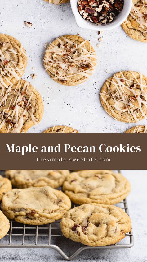 These maple cookies have it all - chewy cookie centers, buttery pecans, and perfectly balanced maple sweetness! Baked to golden perfection and topped with an irresistible maple glaze, these gourmet cookies offer a cozy taste of fall. Click through to snage this tasty baking recipe. Maple Pecan Cookies Recipe, Maple Pecan Cookies, Maple Syrup Cookies, Maple Cookies, Graham Cracker Cookies, Pumpkin Oatmeal Cookies, Cracker Cookies, No Flour Cookies, Pecan Cookies