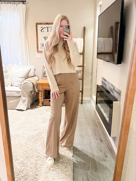 Workwear inspo ✨ Old Navy Powersoft wide leg pants are like the work version of yoga pants 🙌🙌 Follow my shop @Blonde And Bubbly on the @shop.LTK app to shop this post and get my exclusive app-only content! #liketkit #LTKworkwear #LTKfindsunder50 #LTKSeasonal @shop.ltk https://liketk.it/4ssLB Wide Leg Pants Old Navy, Non-stretch Wide Leg Beige Pants, Fitted Cream Wide-leg Pants, Beige Stretch Wide-leg Pants, Beige Non-stretch Full Length Wide Leg Pants, Winter Workwear, Teacher Outfit, Wide Leg Pant, Yoga Pants