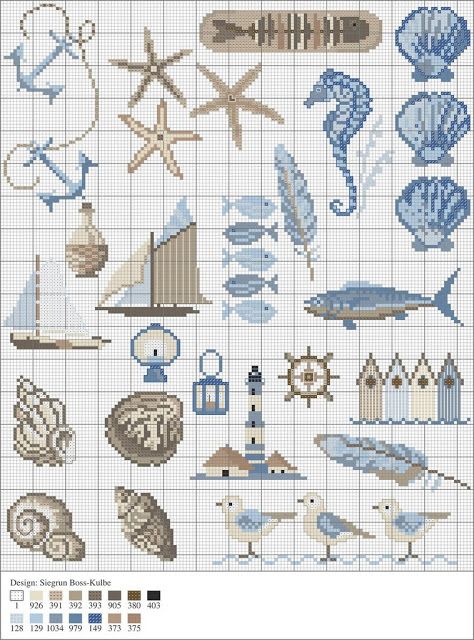 ... Water Cross Stitch, Beach Cross Stitch, Ocean Patterns, Nautical Motifs, Sea Motifs, Anchor Cross Stitch, Cross Stitch Sea, Pola Kotak, Cross Stitch Love