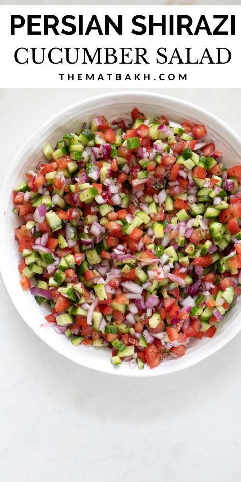 Persian Food Iranian Cuisine, Shirazi Salad, Cucumber And Tomato Salad, Cucumber And Tomato, Iranian Cuisine, Middle East Recipes, Chopped Salad Recipes, Persian Cuisine, Lebanese Recipes