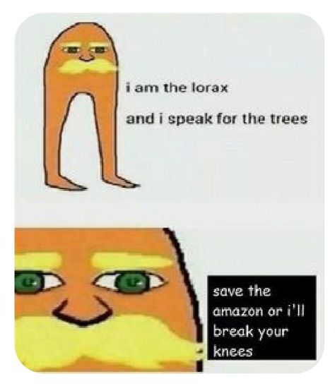 i am the lorax and I speak for the trees save the amazon or I'll break your knees #meme #lorax #savetheamazon I Speak For The Trees, Gif Terror, The Lorax, Really Funny Memes, What’s Going On, The Amazon, Funny Posts, Funny Cute, Dankest Memes