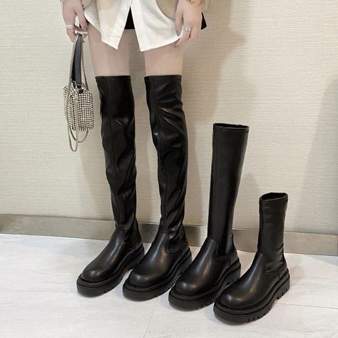 21fe5b8ba755eeaece7a450849876228desc51220316ri Long Black Boots, Long Leather Boots, Thigh High Boots Flat, Black Knee Boots, Platform Boots Women, Black High Boots, Pu Boots, Fashion Autumn, Shoes Platform