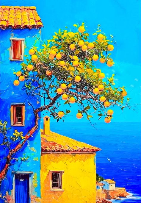 Acrylic Art Projects, Fantasy Drawings, Soyut Sanat Tabloları, Landscape Art Painting, Nature Art Painting, Lemon Tree, Art Inspiration Painting, Painting Art Projects, Blue House