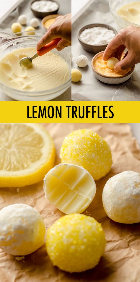 Smooth and creamy truffles full of lemon flavor and rolled in bright and sunny sprinkles. Easy to follow instructions will make you feel like a candy-making expert! via @frshaprilflours Lemon Chocolate Truffles, Lemon Treats Easy, Cool Looking Food, Candied Lemons Slices, Fancy Lemon Desserts, Natural Candy Recipes, Diy Candy Recipes, Candy Lemon Slices, Candy Lemons