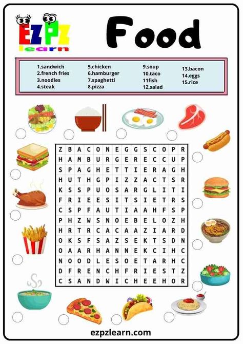 More fun with your teaching with Free Printable Word Search English Vocabulary Worksheets Topic Food For English Learner High Level ESL teachers using for kindergarten, preschool and so on you can either download or print directly from our website. English Vocabulary Worksheets, Food Word Search, Word Puzzles For Kids, Preschool Charts, Kids Word Search, Free Printable Word Searches, Teach English To Kids, Materi Bahasa Inggris, Teacher Motivation