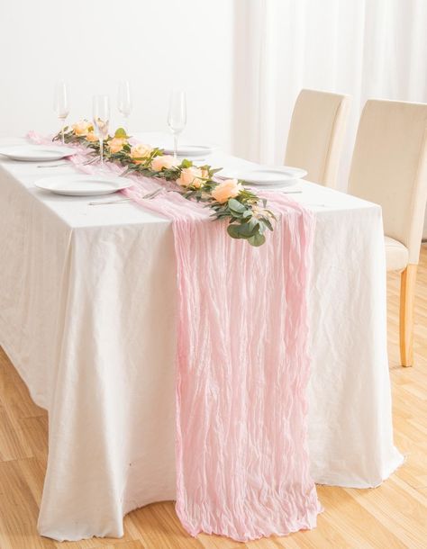 PRICES MAY VARY. Polyester Material: This cheesecloth table runner is made of polyester, soft to the touch and the cheesecloth fabric make the table runner sheer enough to swaying in the wind. It is completely wrinkle free and not easy to fade, not shrink thus reusable. Package: You will get 1 Pcs, 35 x 120 inches / 90 x 300 cm(10FT) cheesecloth table runner. Each 10FT long is perfect for 6FT long table. Craftsmanship: Unlike other cheesecloth runners, the edges are carefully stitched to keep a Banquet Table Decorations, Cheesecloth Table Runner, Table Rose, Wedding Tablecloths, Fabric Table Runner, Birthday Party Tables, Party Table Cloth, Pink Table, Boho Wedding Decorations