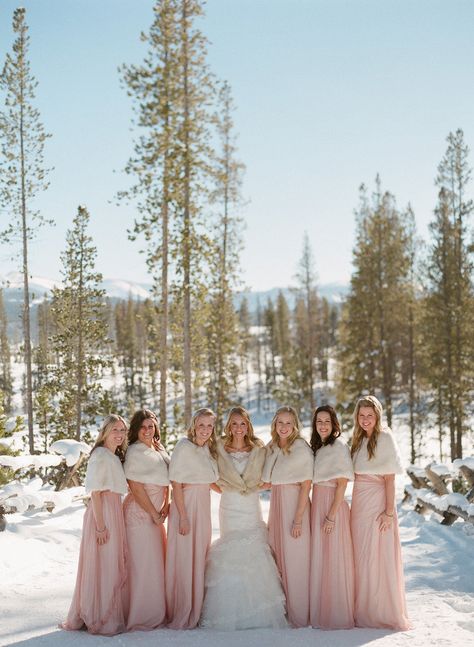 Winter Wonderland Wedding Theme, Winter Wedding Fur, Bride And Her Bridesmaids, Winter Bridesmaids, Winter Bridesmaid Dresses, Winter Wedding Colors, Bridesmaid Dress Styles, Winter Wedding Inspiration, Winter Wonderland Wedding