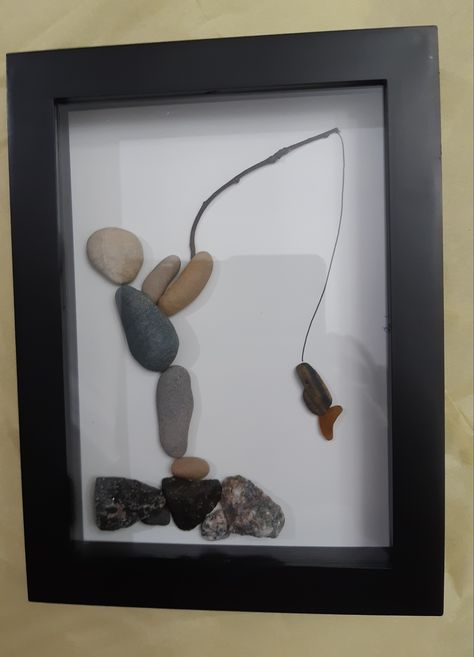 Pebble art fisherman Pebble Art Fisherman, Fisherman Rock Art, Fishing Pebble Art, Pebble Art Fishing, Fishing Crafts, Rock Crafts Diy, Fish Rocks, Stone Projects, Stone Artwork