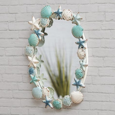 PRICES MAY VARY. 60 Day No Hassle Returns A Bella Coastal Decor Exclusive - Metal starfish, sand dollars and clamshells highlighted in blue with a distressed finish. 20"W x 2 1/3"D x 25 1/2"H. Coastal Mirrors, Wall Clips, Black Forest Decor, Beach Room, Forest Decor, Shell Crafts Diy, Hanging Wall Mirror, Seashell Art, Beach Crafts