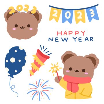 New Years Cartoon, Happy New Year Cute Cartoon, New Years Stickers, Happy New Year Cartoon, Happy New Year Drawing, Goodnotes Free, Illustration Korean, New Year Elements, Celebration Stickers