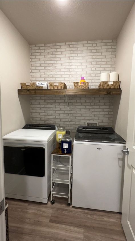 Renter Friendly Laundry Room, Laundry Room Update, Small Apartment Living, Brick Wallpaper, Room Update, Laundry Room Makeover, Laundry Room Organization, Cozy Apartment, First Apartment