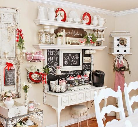 Shabby Chic Coffee Bar, Chic Coffee Bar, Nordic Farmhouse, Shabby Chic Cafe, Christmas Kitchens, Salon Christmas, Christmas Coffee Bar, Whimsy Cottage, Junk Chic Cottage