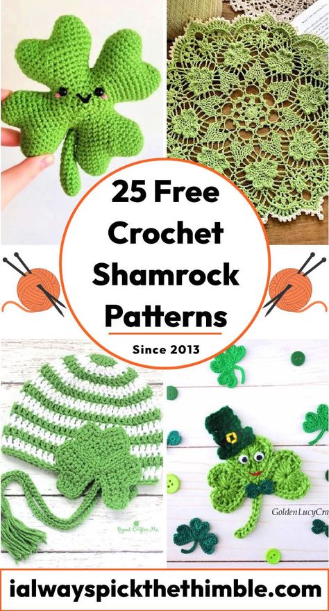 25 Free Crochet Shamrock Patterns (Printable Pattern) Free St Patrick’s Day Crochet Patterns, St Pattys Day Crochet Free Pattern, Saint Patricks Day Crochet Patterns, Shamrock Crochet Pattern, St Patrick Crochet Patterns Free, Crochet Clover Free Pattern, Shamrock Crochet Pattern Free, Crochet Shamrock Free Pattern, Granny Square Patterns Free