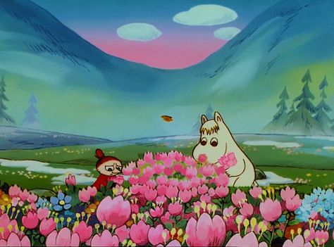 Moomin And Snufkin Wallpaper, Moomin Gif, Moomin Wallpaper, Gifs Aesthetic, Moomin Cartoon, Moomin Valley, Tove Jansson, Flowers Gif, Tablet Wallpaper