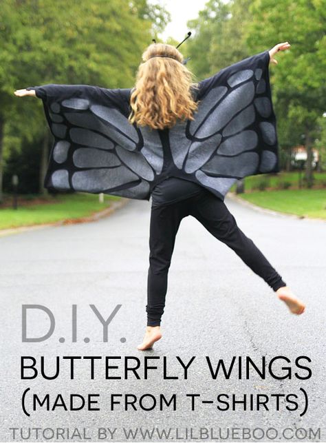 How to make butterfly wings for kids costume using 2 large t-shirts #halloween #butterfly Diy Butterfly Wings Costume, Make Butterfly Wings, Work Costumes, Bootiful Halloween, Wing Costume, Halloween Butterfly, Butterfly Wings Costume, How To Make Butterfly, T Shirt Tutorial