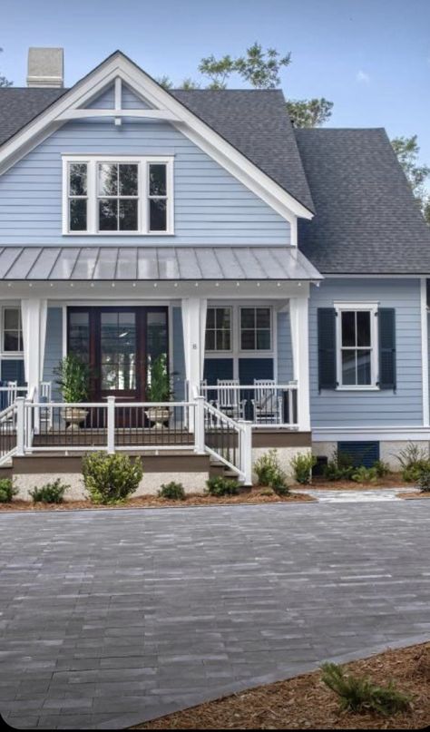 Seaside Cottage Exterior, Light Blue House Exterior, Light Blue House, Light Blue Houses, Exterior Paint Color Combinations, Hunted Interior, White Porch, House Addition, House Paint Color Combination