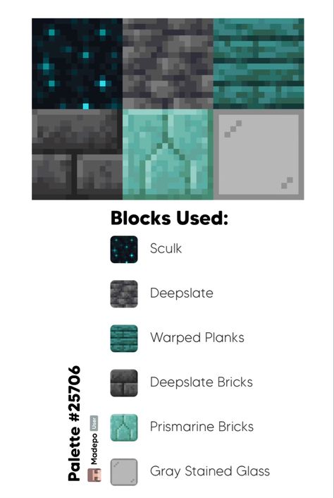 Minecraft Block Pallete- sculk, deepslate, warped planks, deepslare bricks, prismarine, gray stained glass. Underground build, base, blue build, cute pallete, dark pallete, 1.19 minecraft, mcyt Every Minecraft Block, Stained Glass Minecraft Ideas, Bedroom Ideas For Small Rooms Minecraft, Minecraft 1.20 Block Palette, Warped Planks Minecraft House, Warped Wood Pallet Minecraft, Blue Builds Minecraft, Minecraft Color Palette Prismarine, Warped Minecraft Builds