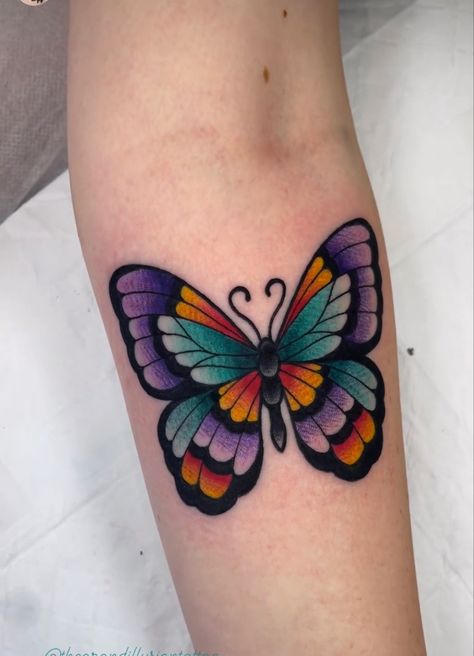 American Traditional Tattoos Butterfly Color, New School Butterfly Tattoo, Traditional Butterfly Tattoo Color, Neo Trad Butterfly, Colourful Butterfly Tattoo, Butterfly Tattoo With Color, Neo Traditional Butterfly Tattoo, Neo Traditional Butterfly, Butterfly Tattoo Traditional