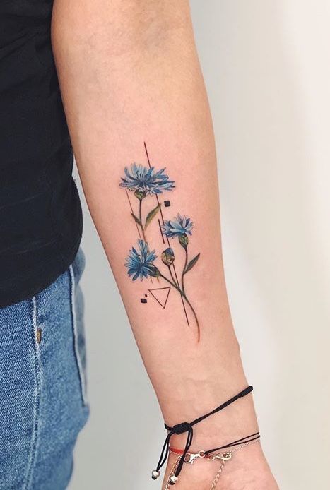 Blue Flower Tattoos For Women, Green Flower Tattoo, Cornflower Tattoo, Blue Flower Tattoo, Best Feminine Tattoos, Honeysuckle Tattoo, Scars Tattoo, Blue Flower Tattoos, Simple Flower Tattoo