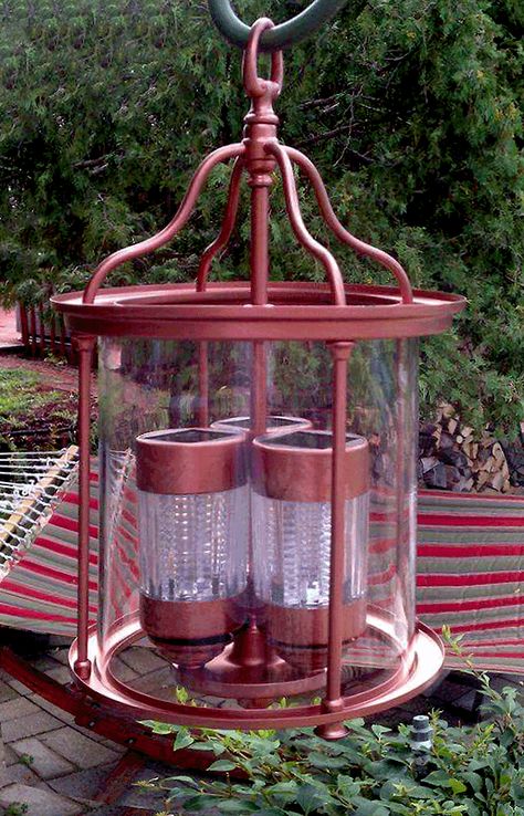 Upcycled Chandelier, Diy Hanging Light, Solar Chandelier, Masculine Bathroom, Habitat Restore, Solar Light Crafts, Solar Landscape Lighting, Solar Lighting, Meteor Garden 2018