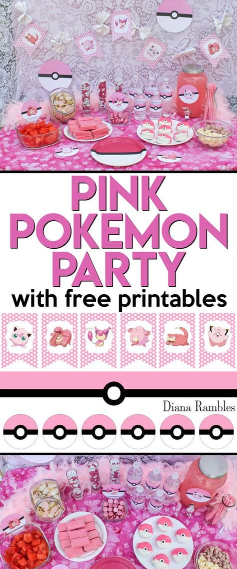 How to Throw a Pink Pokemon Party - Does your daughter love Pokémon? Throw her a Pink Pokemon Party with these free party printables that feature Pink Poke Balls. Perfect for birthday parties! Jiggly Puff Birthday Party, Pink Pokemon, Pokemon Party Decorations, Pokemon Pink, Pokemon Themed Party, Pokémon Birthday, Bday Stuff, Pokemon Birthday Party, Pokemon Theme