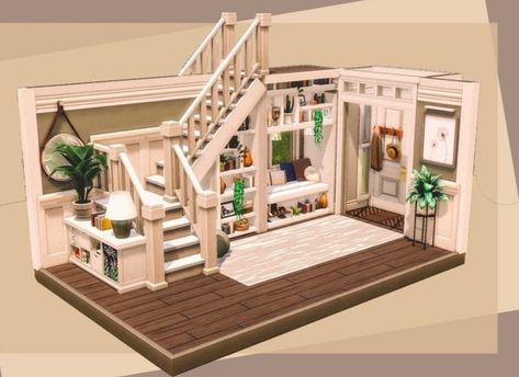 Sims 4 Houses Room Ideas, Sims 4 Tiny Home Ideas, Bloxburg Exterior Layout, Sims 4 Front Room Ideas, Sims 4 House Design Interior, Sims4 Interior Design, Sims Stairs Ideas, Entryway Ideas Sims 4, Sims 4 Entrance Ideas