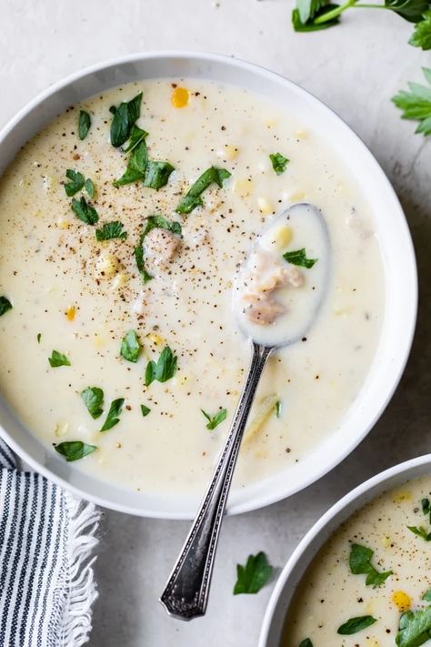 This lighter Clam Chowder, full of canned clams, potatoes, and corn, is still creamy but with less fat than most other versions. #clam #chowder #soup Easy Clam Chowder Recipe, Canned Clams, Clam Chowder Soup, Potatoes And Corn, Clam Chowder Recipe, Taiwanese Cuisine, Chowder Soup, Taiwan Food, Chowder Recipe