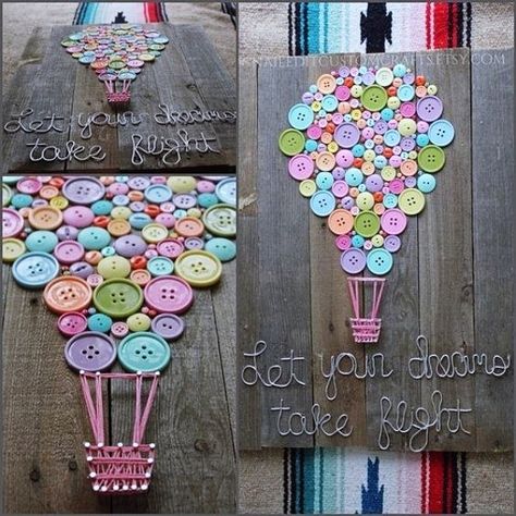 40 Extraordinary DIY Button Craft Ideas - Bored Art Hot Air Balloon Nursery, Wood Signs Home Decor, Diy Buttons, Diy Room, Button Art, Playroom Decor, Button Crafts, String Art, Hot Air Balloon