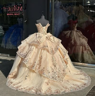 Gold Quinceanera Dresses with Big Bow Sequin Glitter Sweet 15 16 Ball Gowns | eBay Quinceanera Dresses Bow In Back, Brown And Gold Quince Dress, Victorian Sweet 16 Dress, Quince Gold Dresses, Pastel Yellow Quince Dress, Quince Dresses Brown, White Gold Quinceanera Dresses, Xv Dresses Champagne, Gold Sweet 16 Dress