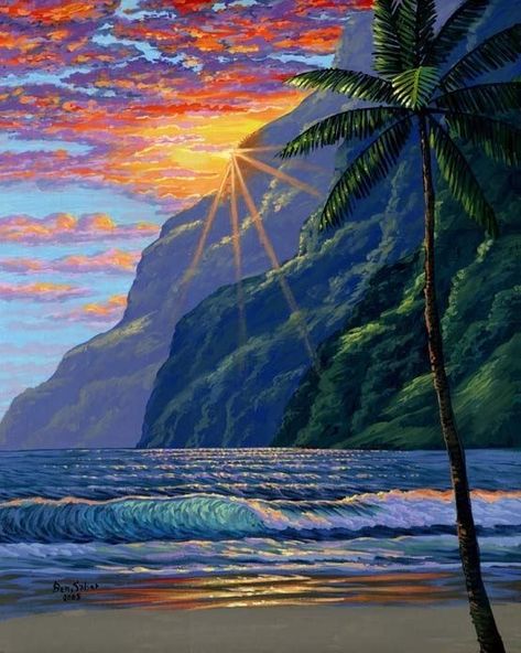 Hawaii Painting, Beach Mountain, Mountains Painting, Beautiful Hawaii, Hawaii Art, Surf Poster, Hawaiian Art, Caribbean Art, Mountain Sunset