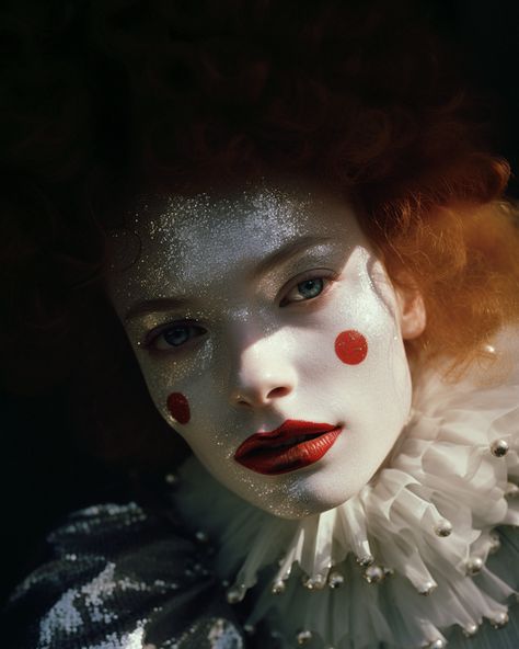 Clown Fashion Editorial, Circus Fashion Editorial, Clown Editorial Photoshoot, Editorial Clown Makeup, Victorian Clown Makeup, Jester Clown Makeup, Female Clown Costume, Clown Editorial, Crazy Photoshoot Ideas